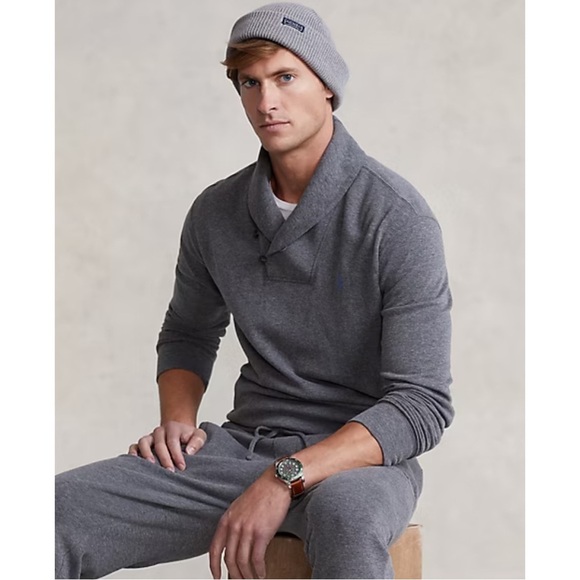 POLO RALPH LAUREN • Gray Shawl Collar Luxury Pullover Jersey Sweater - Picture 5 of 8